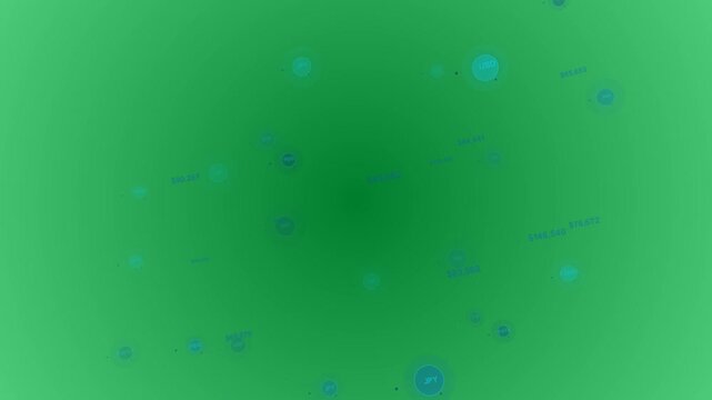 On start rotating bubble map nodes orbiting growing settling showing USD labels on transparent bg