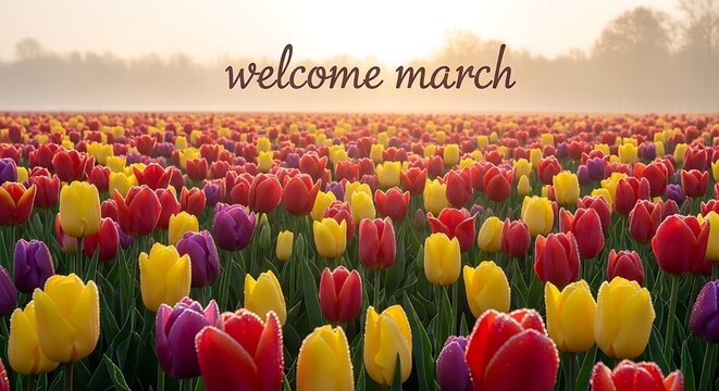 Vibrant tulip field with welcome March text in golden sunlight spring landscape