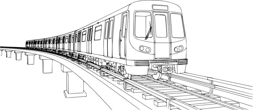 Modern subway train and elevated railway line art, urban public transportation and infrastructure vector illustration.