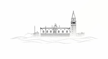 Obraz premium Detailed sketch of a historic European city skyline with a grand palace and bell tower
