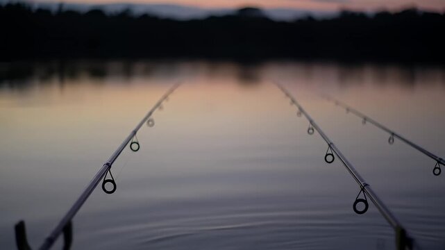 Fishing rods over still water at dusk, reflecting the sky and distant dark trees