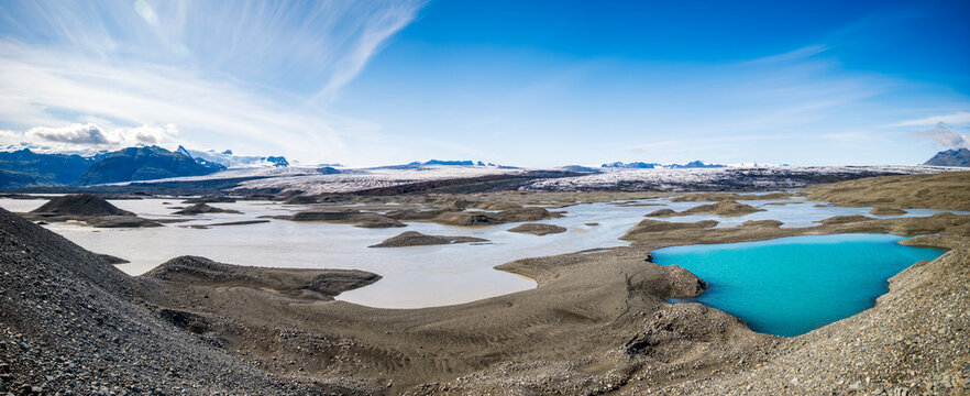 Turquoise meltwater pool and moraine at Brei�amerkurj�kull Iceland