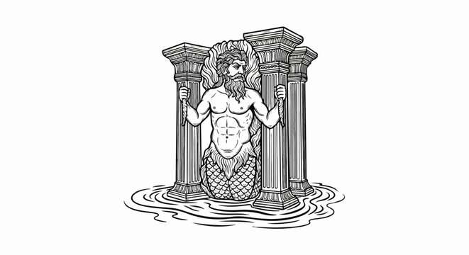 Ancient merman figure with muscular torso and fish tail between columns
