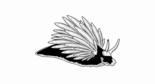 Black and white line drawing of a nudibranch with elaborate cerata