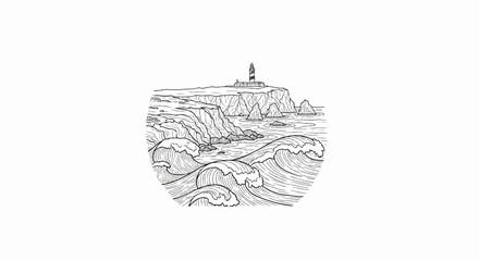 Fototapeta premium Stylized black and white drawing of a coastal scene with a lighthouse on a cliff