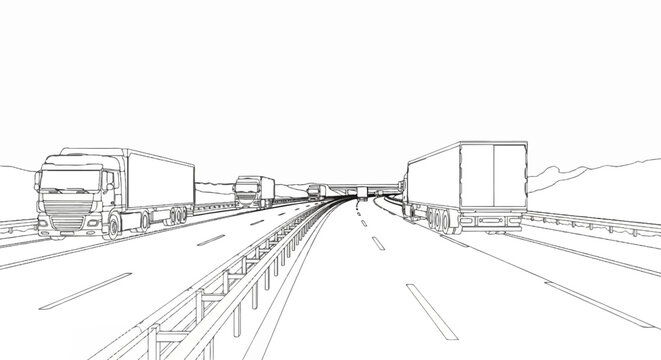 A linear sketch of trucks driving on a highway with a bridge ahead