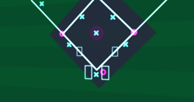 Magenta node glowing starting lime arc to home, diamond showing defense relay pulsing, transparent