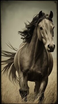 Beautiful wild horse running fast towards the camera in a dusty open field environment