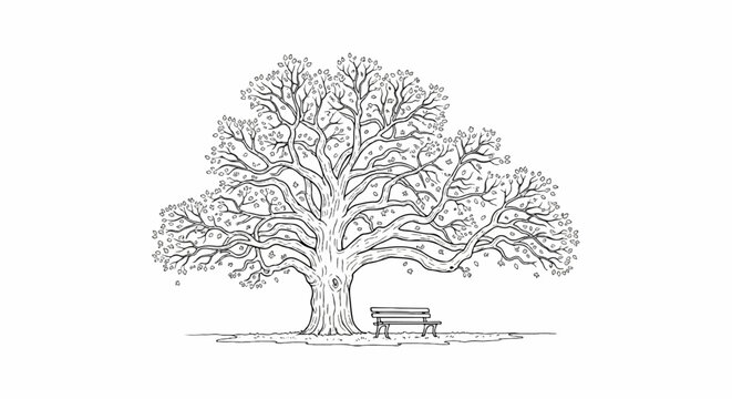 A detailed black and white sketch of a large, mature tree with a bench underneath
