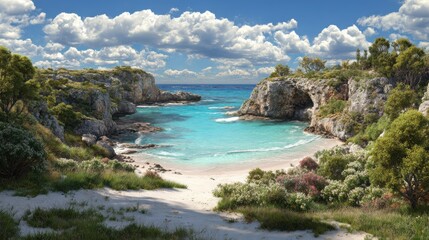Serene Coastal Landscape with Blue Waters and Scenic Cliffs under a Dramatic Sky and Lush Green Vegetation