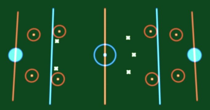 Neon tactical board showing left run starting passes, arrows moving to show passing on transparent