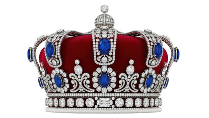Isolated royal crown with sapphire jewels, ornate jeweled royal headwear for coronation day