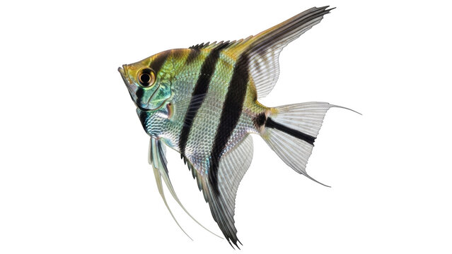 Isolated striped angelfish, a beautiful freshwater fish often seen in aquariums, studio shot