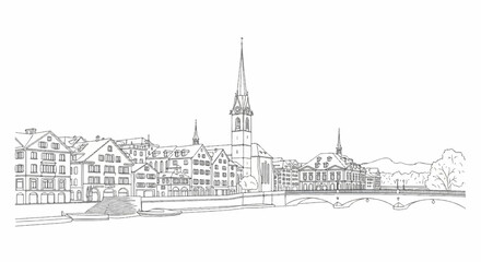 Fototapeta premium Sketchy line art of a European city skyline with a river and bridge