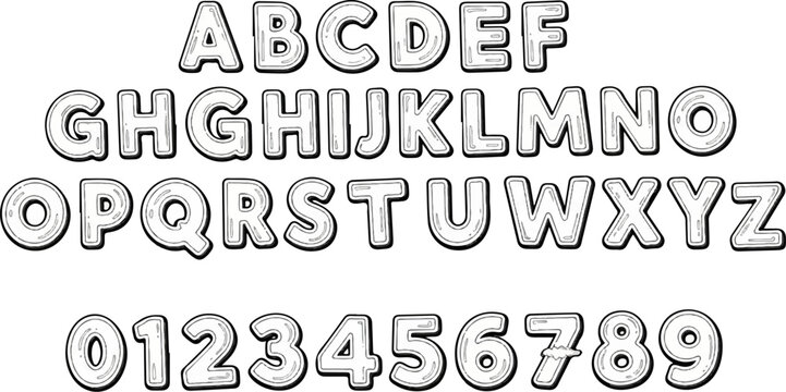 Hand-drawn alphabet and numerals with a sketch effect and shadow