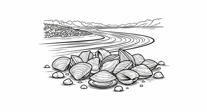 Clams and pebbles on a shoreline with a winding river and distant hills