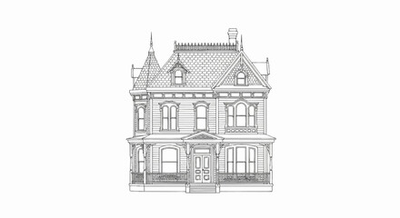 Obraz premium Detailed line art sketch of an ornate Victorian mansion with a prominent mansard roof