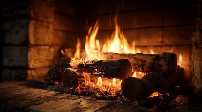 Close-up view of glowing fire flames with dynamic movement and warm light. Abstract natural fire background creating a cozy, dramatic, and atmospheric scene.

