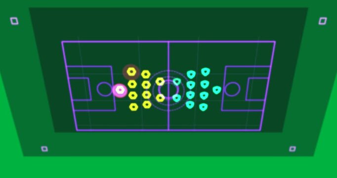 Magenta outline drawing neon pitch, tokens clustering, getting rings, showing tactics, transparent