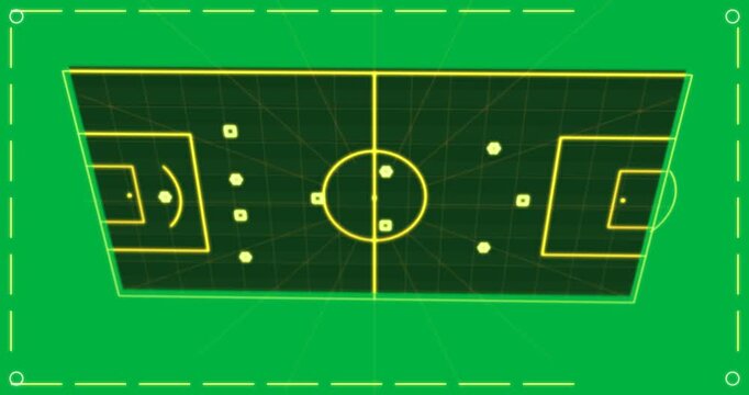 Black field starting neon panel, transparent pitch, pointer tracing triangle pass showing tactic
