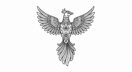 Obraz premium Intricate black and white drawing of a decorative bird with spread wings