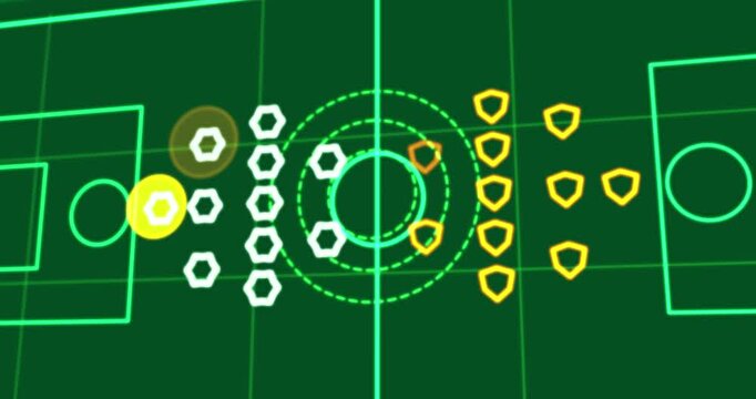 Neon grid sliding, hexes grouping, shields lining right, glowing rings tagging on transparent pitch