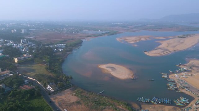 Aerial view of RK Beach, Bheemunipatnam Beach, Natural rock arch, Tenneti Park, MV MAA Ship, Visakhapatnam, India.