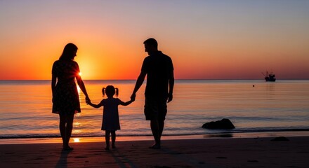 Fototapeta premium A family of three walks hand in hand along a beach at sunset, silhouetted against a vibrant orange and blue sky