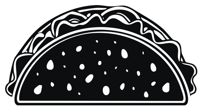 Simple black and white illustration of a classic taco with filling and toppings