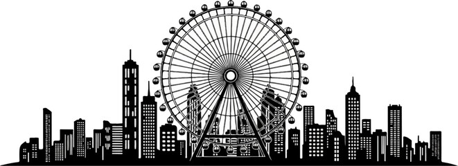 Naklejka premium Stylized silhouette of a Ferris wheel dominating a city skyline at night