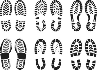 black shoe footprint silhouettes and boot sole prints on white background for crime scene investigation and forensic evidence