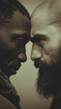 Two men looking intensely at each other with their foreheads touching in close up
