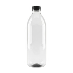 Empty clear plastic water bottle with black cap isolated on transparent background
