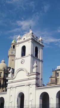 Vertical of Cabildo Colonial Government Building with Clock Tower Skyline Buenos Aires Argentina