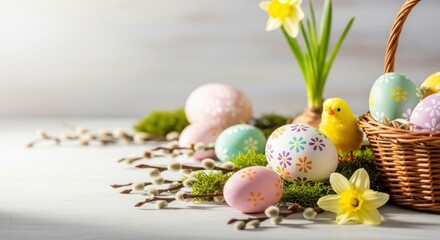 A serene Easter scene with pastel-colored eggs, flowers, and a wicker basket