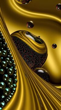 Floating black liquid drops filled with tiny colored beads against a smooth gold background