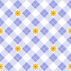 Pastel Blue Gingham with Yellow Daisy Seamless Pattern