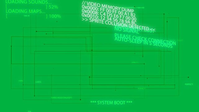 Neon green HUD showing booting, pulsing nodes, drifting glare causing nosignal error on alpha bg