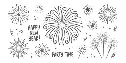 Happy New Year fireworks hand drawn vector set with festive burst elements stars sparkles party text doodle style celebration icons for greeting cards banners and holiday decorations © MkJutt
