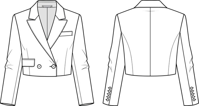Vector technical flat fashion sketch of a women's cropped double breasted blazer jacket with peak lapels front and back views