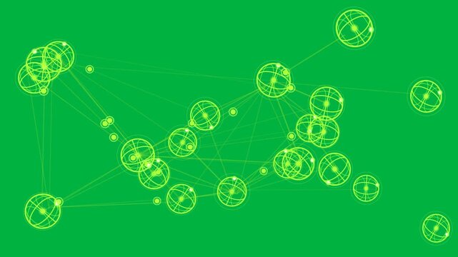 Top-left cluster appearing neon nodes reorganizing, beads sliding, balancing mesh on transparent bg
