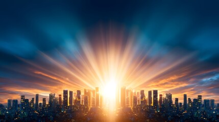 City Skyline with a Golden Dawn: A city skyline is bathed in the radiant glow of a sunrise, symbolizing hope and opportunity amidst urban modernity.
