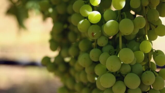Close-up pan across green grapes on the vine in vineyard orchard