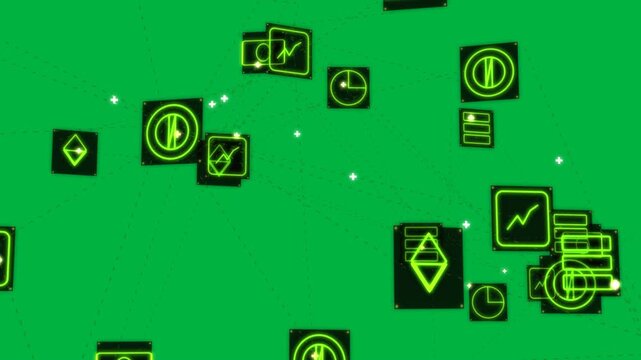 Neon hub emitting beams, particles moving, icons pulsing, showing data flow on transparent canvas