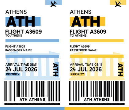 ATH, Athens, Greece luggage label, boarding pass template. Vector minimalist illustration with airport code, city destination, flight info. Flat, modern image layout