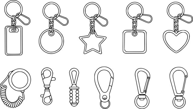 Blank keychain templates with snap-hook and ring, star and cloud shaped keyring outlines for branding design vector illustration.