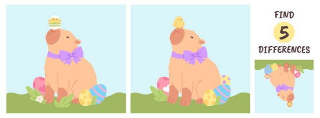 Find five differences game. Easter capybara with chicken and colored eggs sitting on meadow. Education attention children play for kindergarten, vector template
