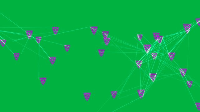 Cyan hub starting net shifting, magenta markers pulsing, highlighting nodes on transparent bg