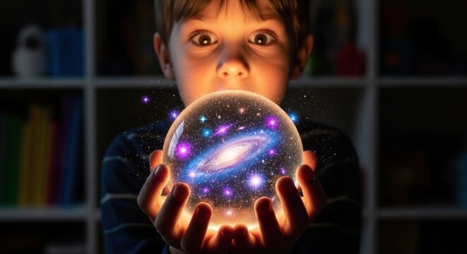 A young boy holds a glowing crystal ball with a galaxy inside