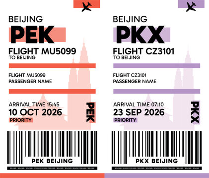 Beijing, China luggage label, boarding pass template. Vector minimalist illustration with airport code, city destination, flight info. Flat, modern image layout